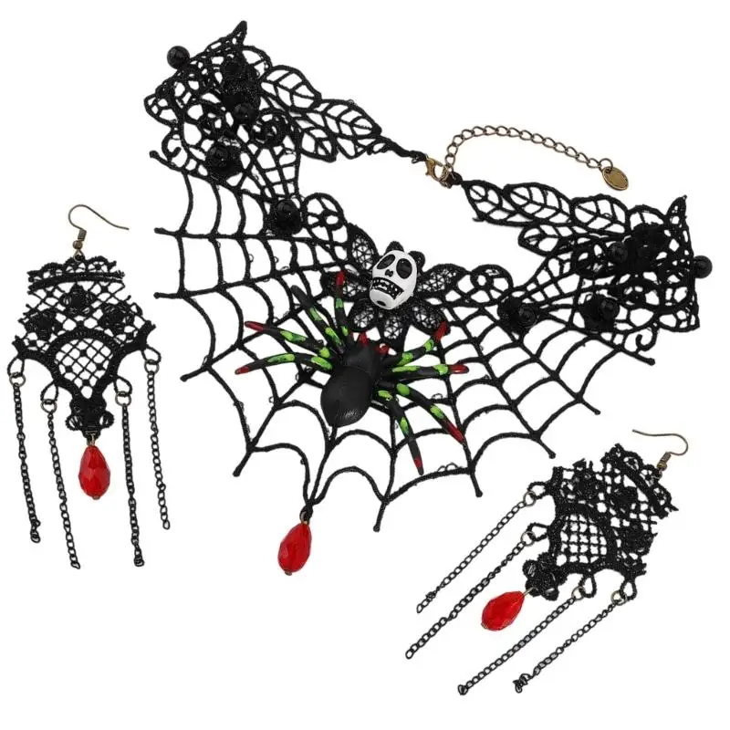 39bd نساء بيان القوطي مجوهرات مجموعة قلادة من الدانتيل مع أقراط أقراط أزياء الهالوين الملحقات