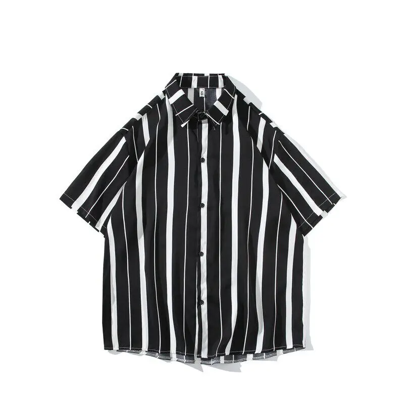 Summer Men Loose Fit Striped Shirt 2026 Mencasual Short Sleeve Iron-Free Drapey Style Korean Version Lightweight Shirts