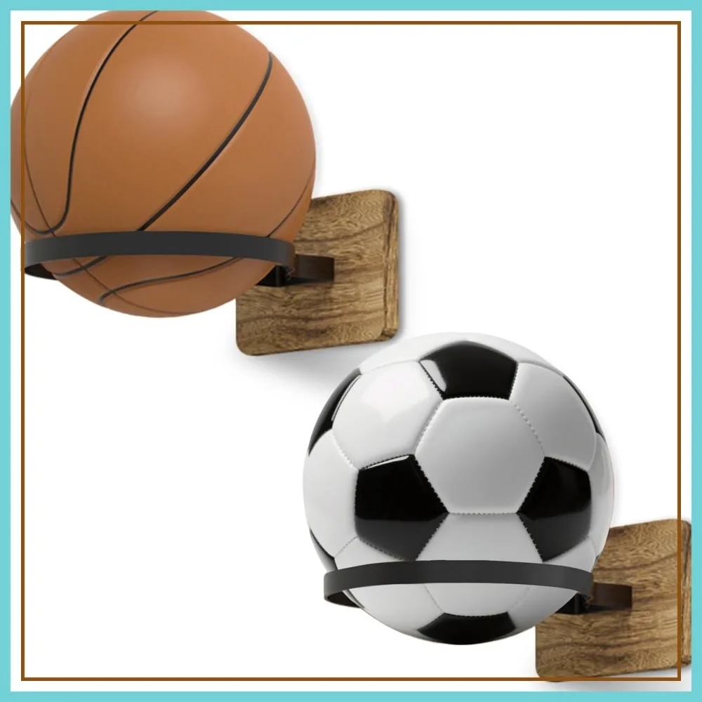 

Wall Mount Ball Holder for Basketball Football Soccer - 2 Pack Metal & Wood Storage Rack