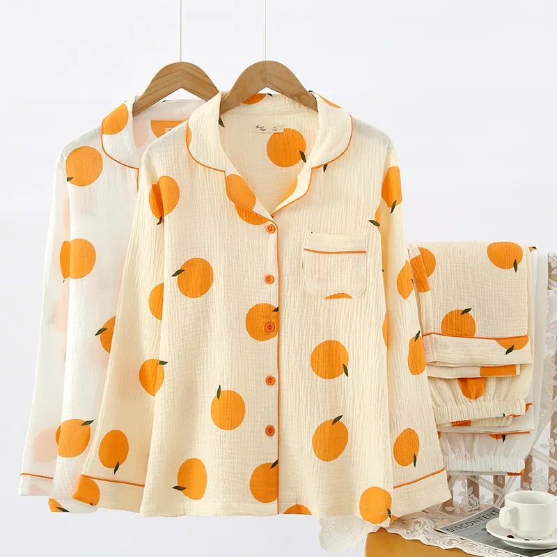 

MIANDUONI Pajamas Loungewear Women Wear Pure Cotton Gauze Double-Layer Thin Loose Long-Sleeved Two-Piece Set