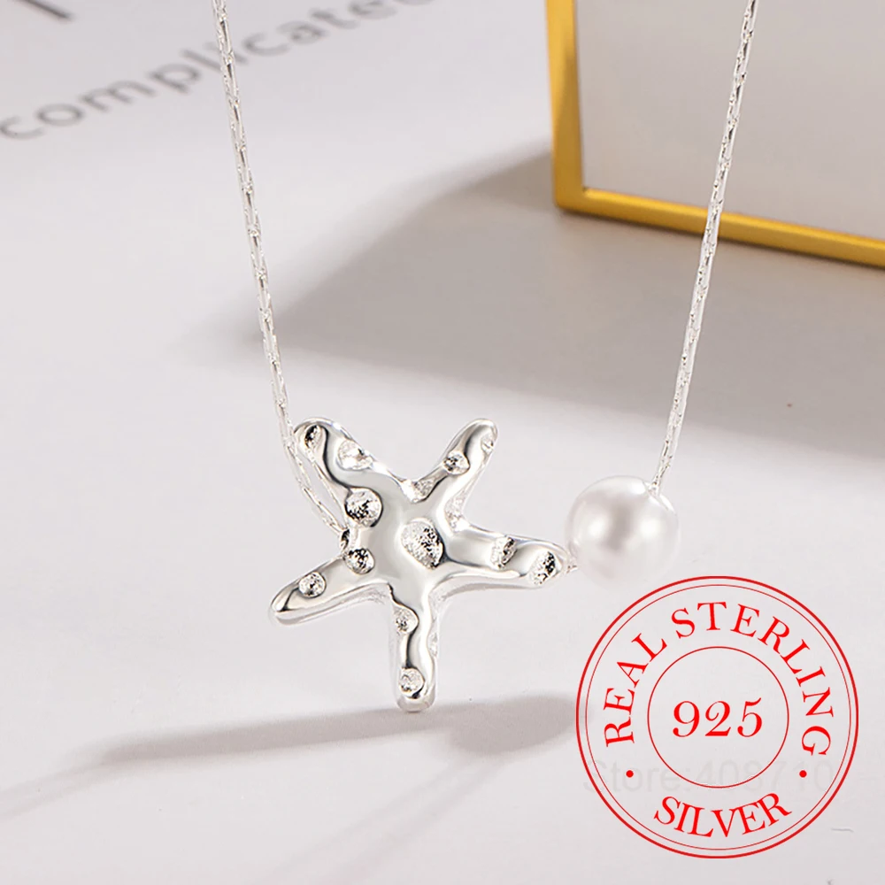 Real Money 925 Sterling Silver Starfish Pearl Charm Pendant Choker Necklace for Women Female Luxury Wedding Party Jewelry Gift