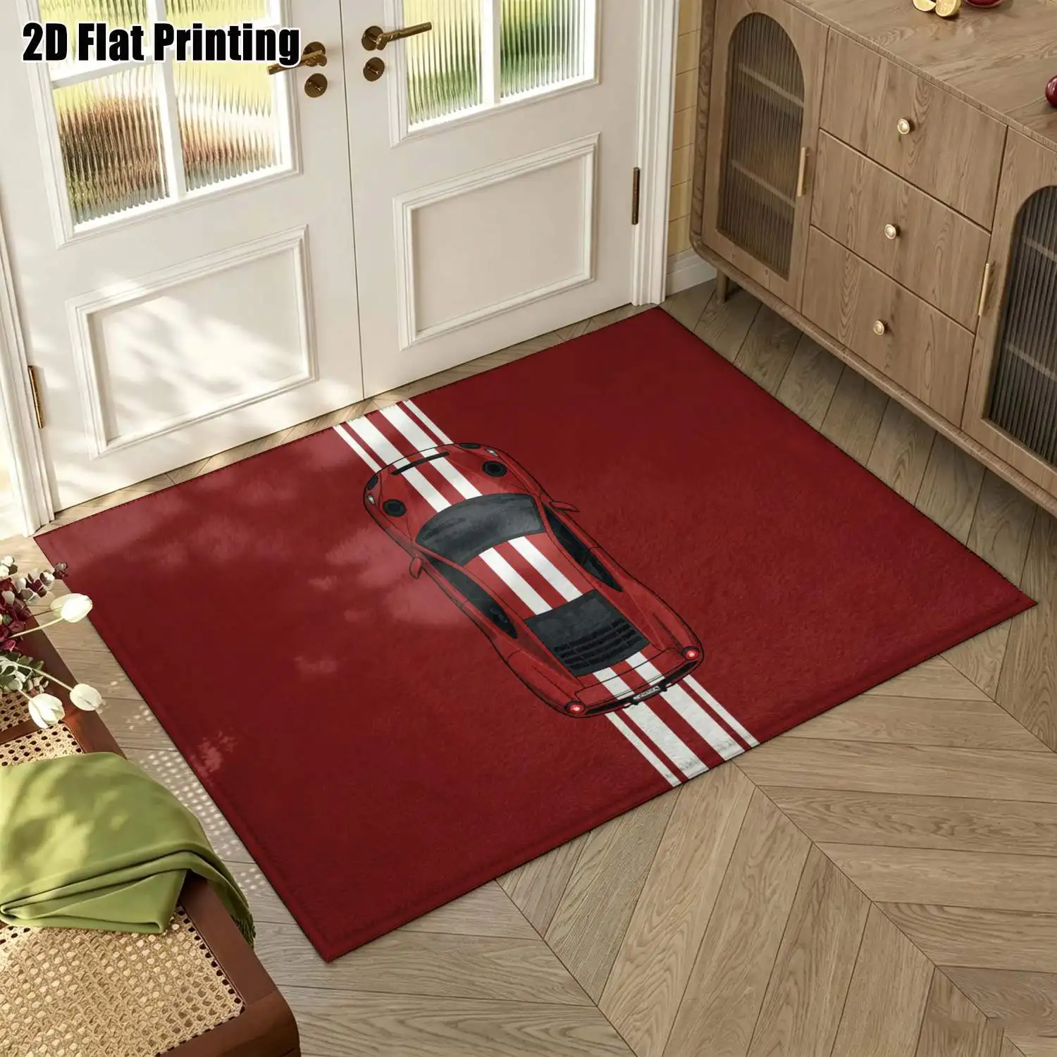 1Pc 2D Printed Red Striped Sports Car Pattern Carpet, Nordic/Instagram Style, Modern Minimalist Geometric Striped Floor Mat, Multi-Size, Machine Washable, for Entrance, Dining, Foyer, Bedroom, Living Room Home Decoration