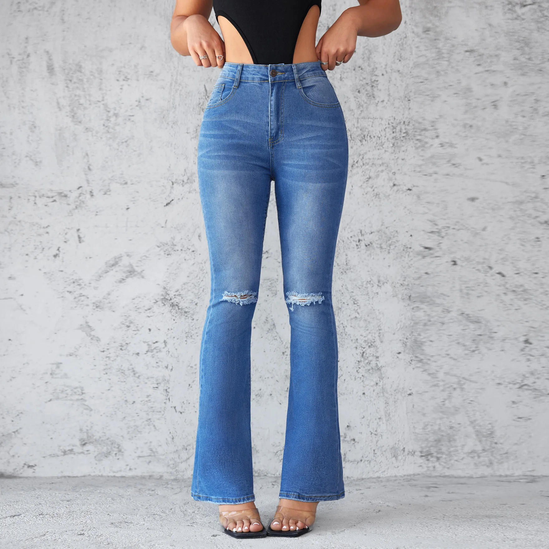 

Women Fashion Ripped Jeans 2024 Washed Denim Flared Pants High Waisted Elastic Cowboy Trousers Baggy Jean Pantalones De Mujer