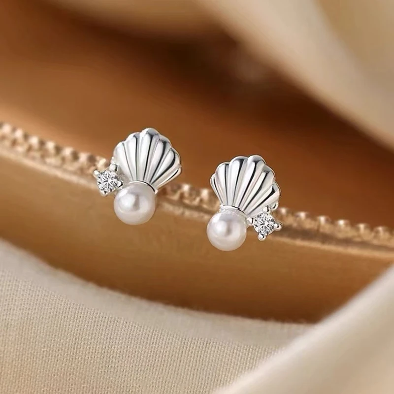 Real 925 Sterling Silver Zircon Pearl Shell Stud Earrings For Women Classic Fine Jewelry Exquisite Accessories In Summer