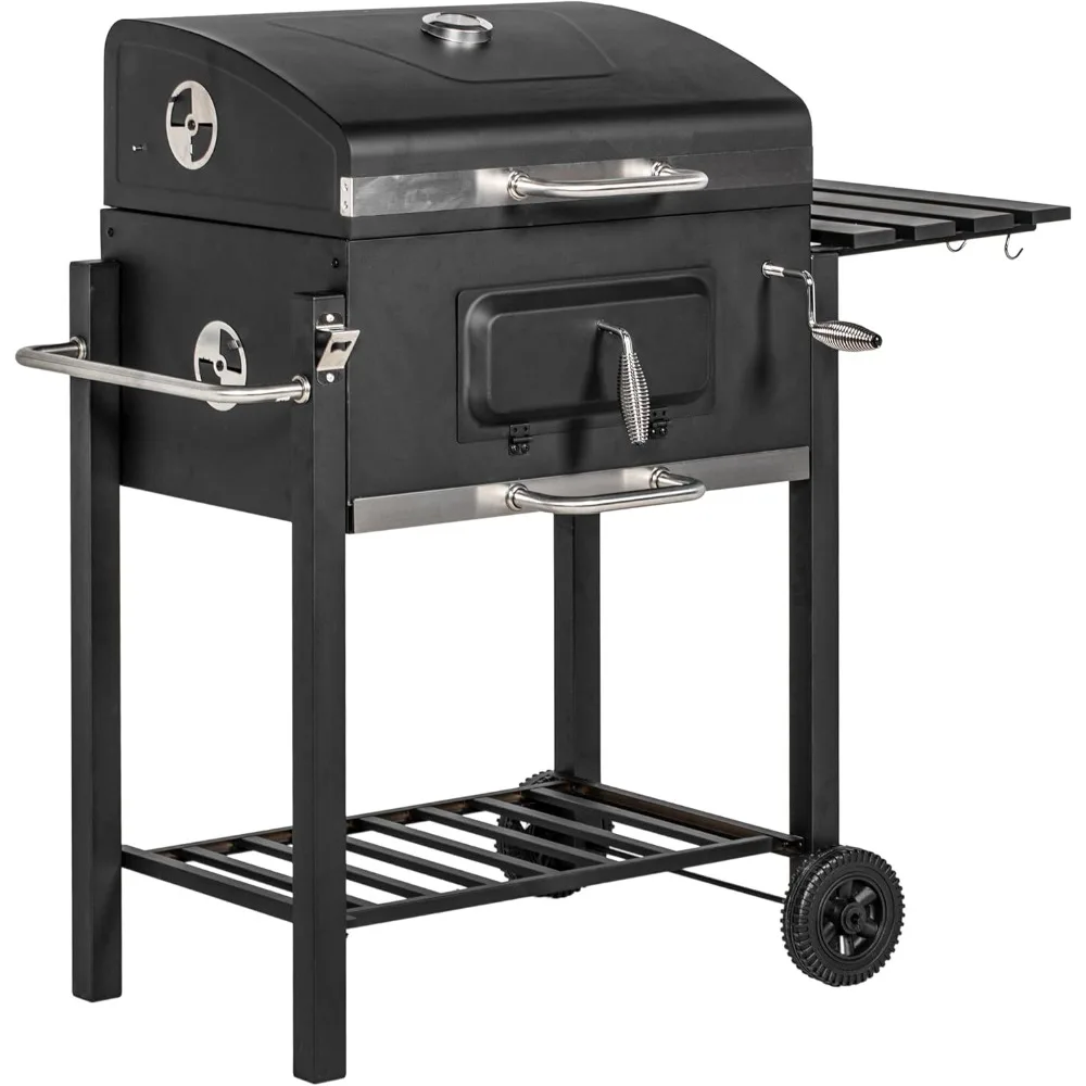 

Charcoal BBQ Grill, Outdoor Portable Cooker for Camping or Backyard Picnic with Side Table, Bottom Storage Shelf, Wheels and Ha