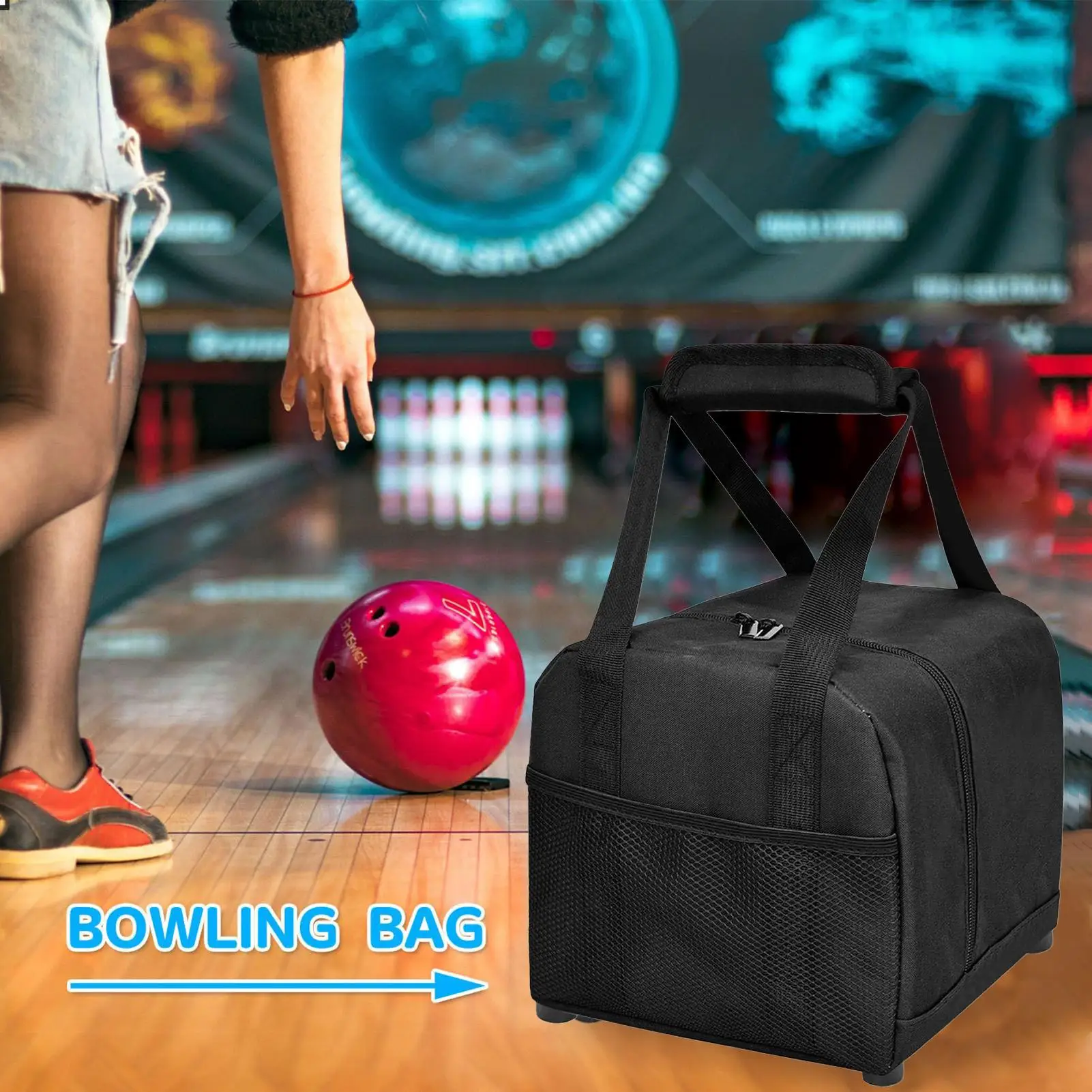 Bowling Single Ball Bag Oxford Cloth Black Bowling Tote Bag Bowling Ball Holder With Side Mesh Pockets For Players Athlete Black