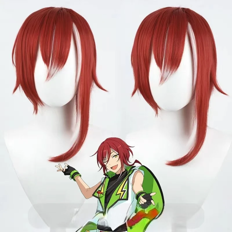 Anime Natsume Sakasaki Cosplay Wig Short Red Hair White Highlights Heat Resistant Synthetic Fiber Rose Net Simulation Scalp Top