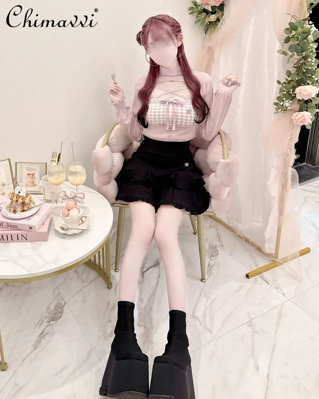 اليابانية الحلو فتاة Y2K سترة الخريف والشتاء موضة جديدة لطيف houndstooth و الجوف خارج التعادل محبوك سترة مجموعة للنساء #5