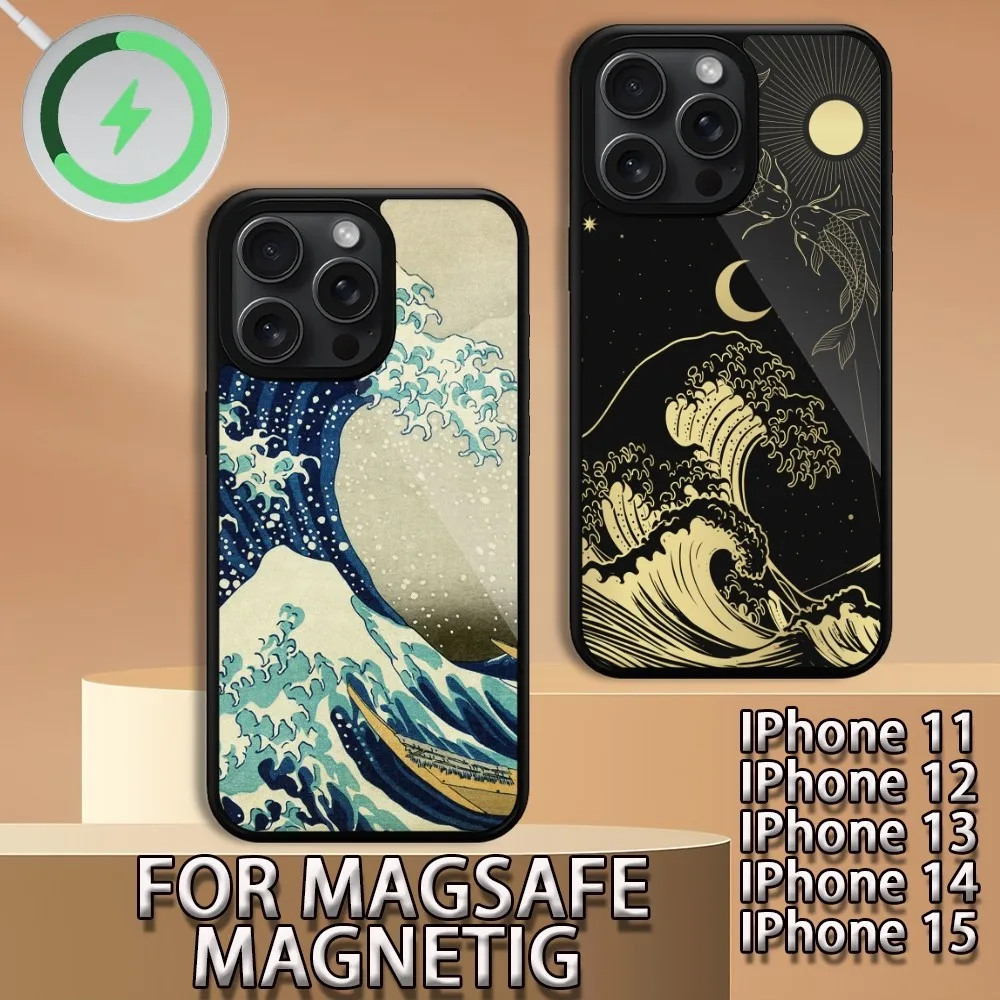 Japanese Ukiyoe Great Wave Kanagawa Phone Case For iPhone 15 14 13 12 11 Pro Max Plus Magsafe Magnetic Wireless Charging Cover