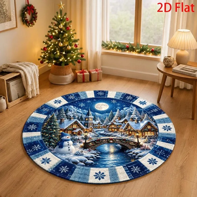 Blue Snow Village Christmas Round Carpet Winter Town Snowman Moon Scene Circle Floor Carpet for Xmas Home Decor Round Carpet