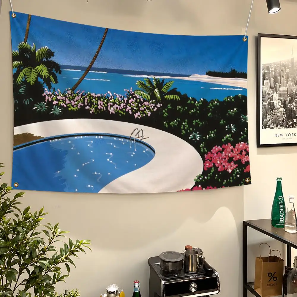 Art Hiroshi Nagai City Pop Pool Palm Flags Wall Hanging Flag Banners For Birthday Parties Outdoor Bedroom Dorm Room Decor