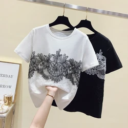 Summer New Lace Stitching Petal Sleeve O-Neck Short-Sleeved T-Shirt Women's Fashion Casual Loose Solid Color Vintage Blouse Tops