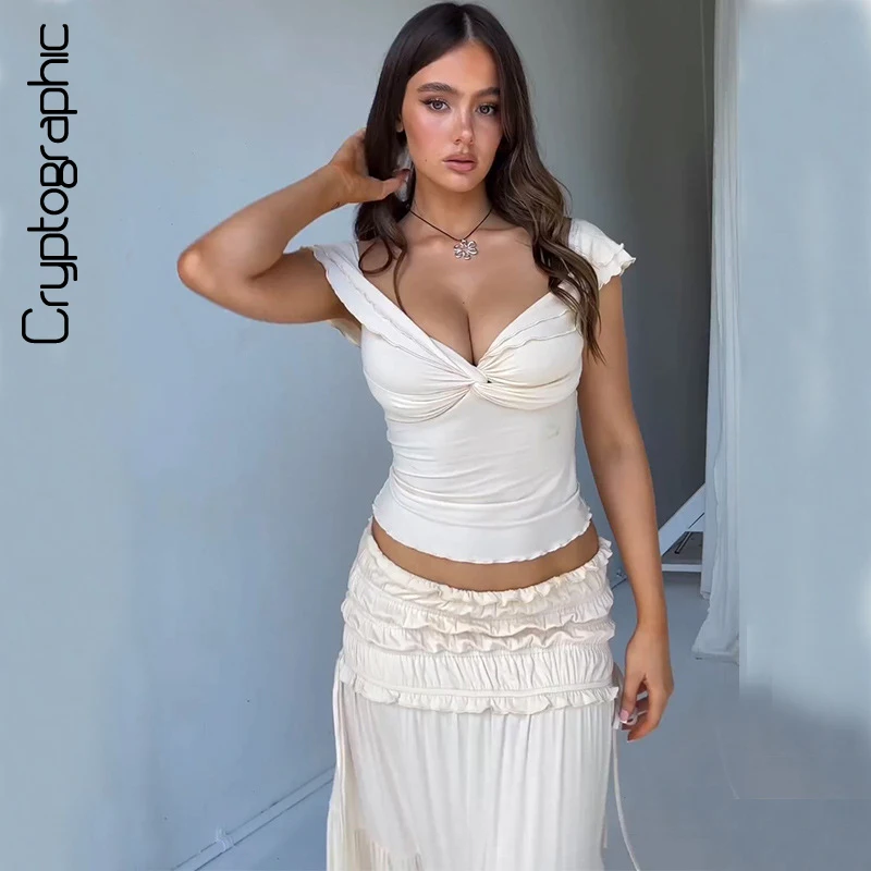 

Cryptographic Cross Knitted Top and Skirt Sets Outfits Women Elegant Summer Wrap 2 Piece Set Holiday Beachwear