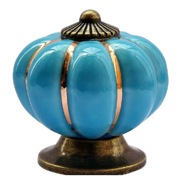 Pumpkin Ceramic Door Knob Blue 40Mm Diameter Zinc Alloy Core Hard Ceramic Surface Easy Install Pull Handle for Kitchen Cabinet