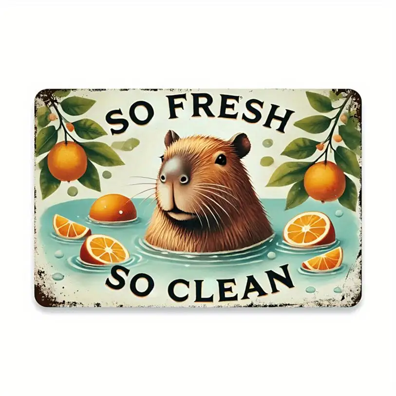 Vintage So So Clean Metal Wall Art, 7.9x11.9 Inches - Rustic Iron Tin Sign with Capybara & Citrus Design, Frameless Decor for