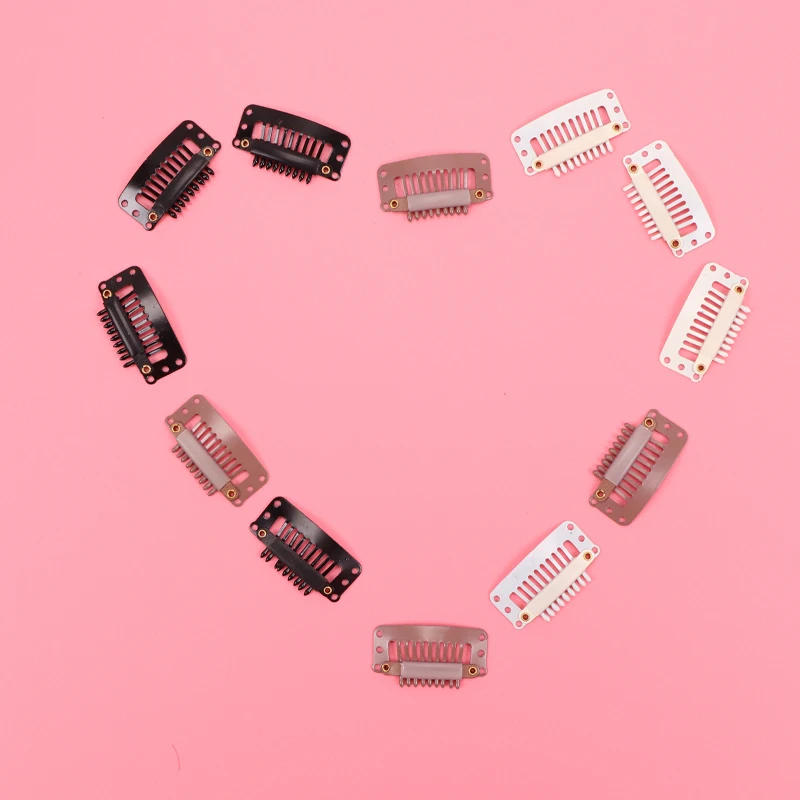 10Pcs 32Mm Hair Clips U-Shape Metal Clips For Hair Extensions 9-Teeth Wig Clip For Women Wig Accessories Black Brown Beige