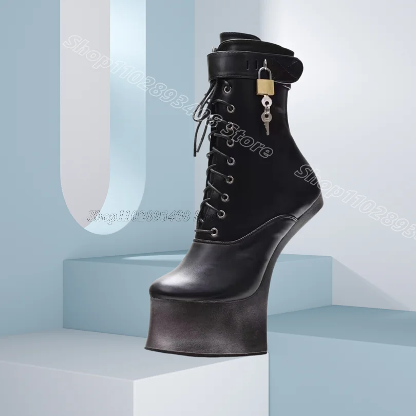 

Black Strange Style Lace up Boots Round Toe Lock Decor Spring British Style Women Party Short Boots 2025 Zapatos Para Mujere