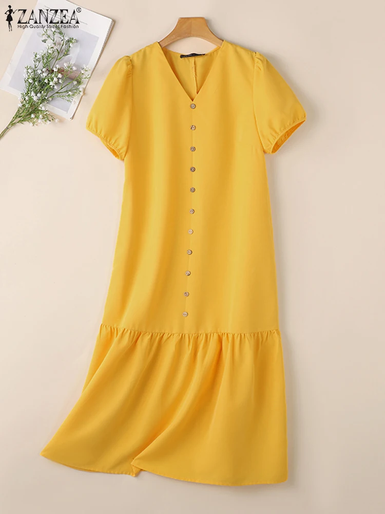 ZANZEA elegante verano cuello pico sólido Vestido a media pantorrilla Casual vestidos de trabajo de fiesta mujeres de manga corta dobladillo con volantes Vestido suelto