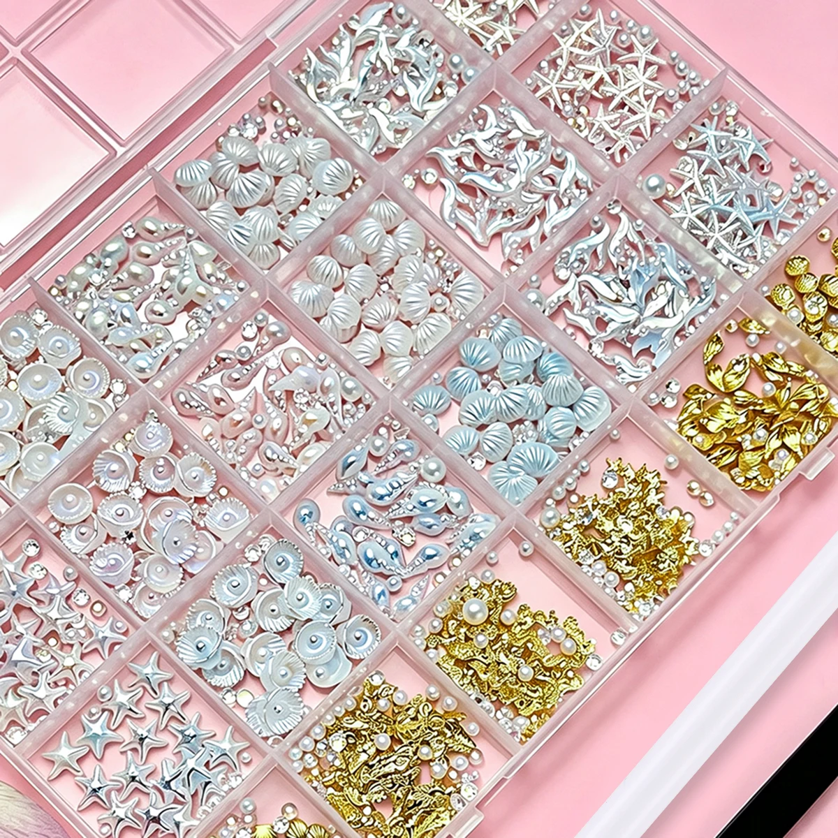 1Box 3D Creative Sea Star Shell Tail Resin Nail Art Accessories Mini Gold Seahorse Conch Thin Flakes Alloy Nail Charms DIY Nails view 5