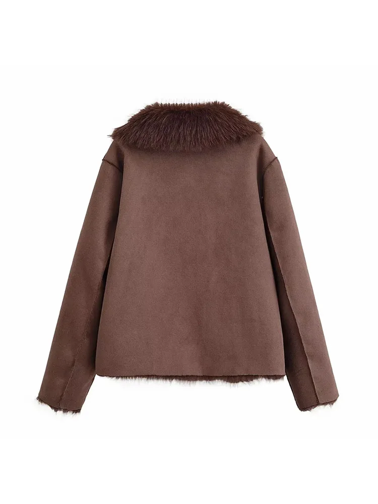 Women Autumn Winter New Faux Fur Jacket for Women Fashion Reversible Fur Effect Lapel Long Sleeved Short Coats Chic Ladies Top