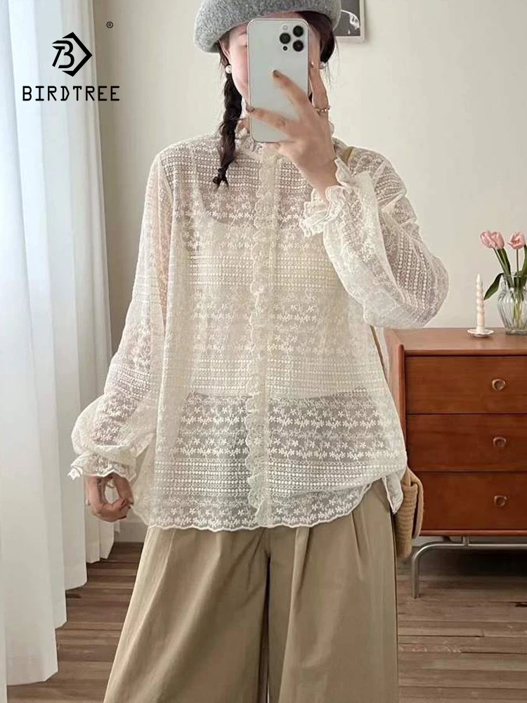 

New 2025 Winter Cotton Long Sleeve Shirt, Women Stand Lace Ruffles Patchwork, Mori Girl French Chic Loose Sheer Blouse T5N553CC
