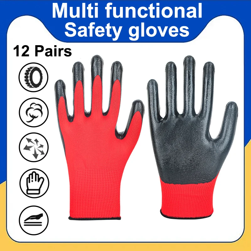 2026-12 Pairs of M Size One Size Fits All Gardening, Construction, Logistics, Handling, Nitrile Coated Labor Protection Gloves,