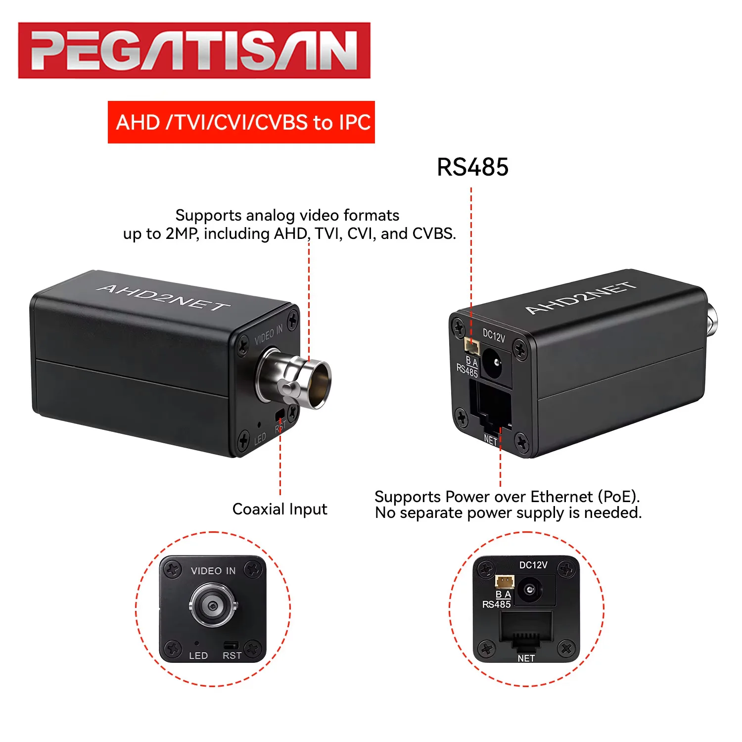 Adaptadores de Red RJ45 ONVIF para Conversión de Señal CVBS/TVI/AHD/CVI, Conversor de Cámara HD de 2MP a IPC, Cámara AHD a Cámara IP NVR