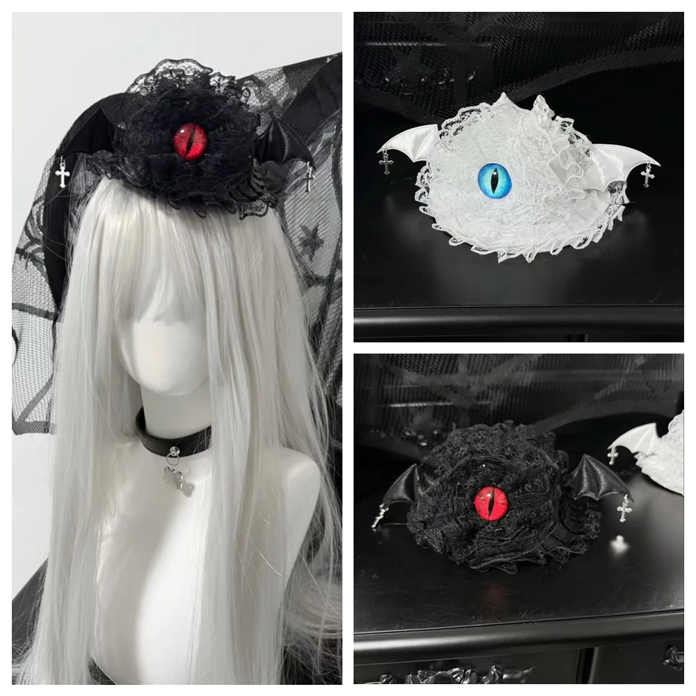 

Handmade Lady Black White Mini Ghost Eye Dark Mini Top Hat Cap Lace Cross Bat Wing Hair Clip Lolita Sweet Cool Costume Accessory