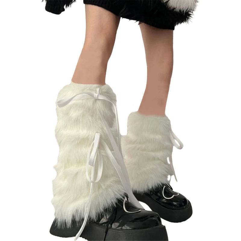 Women Punk Ribbon Bowknot Boot Cuffs Leg Warmer Winter Warm Harajuku Furry Socks