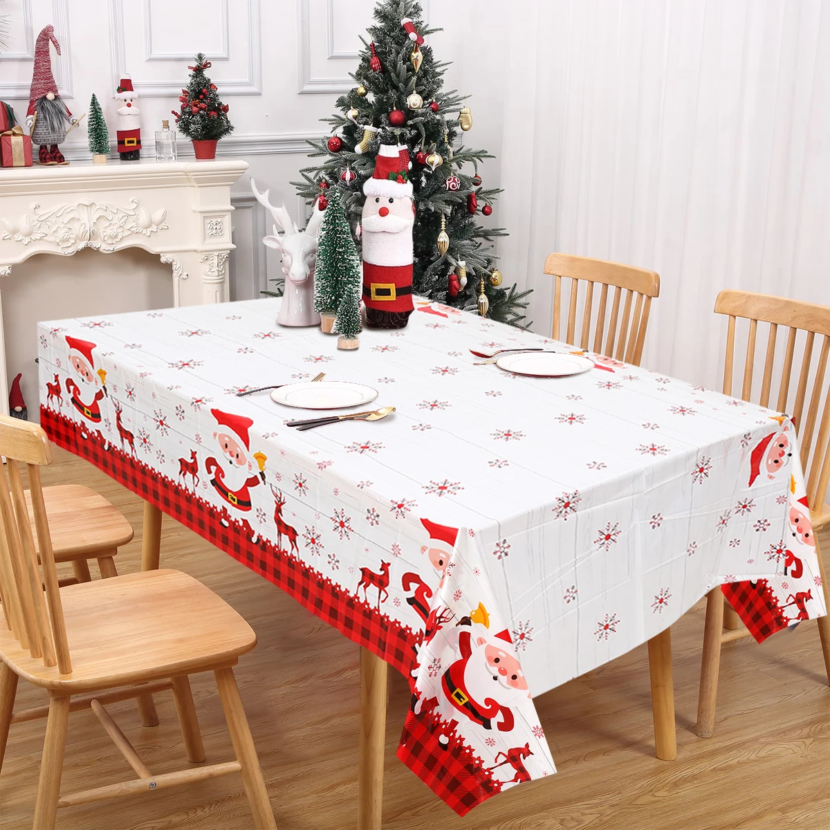 Merry Christmas Santa Claus Elk Rectangle Tablecloth Dining Room TableDecor Waterproof Holiday Party Decor Tablecloth for Home