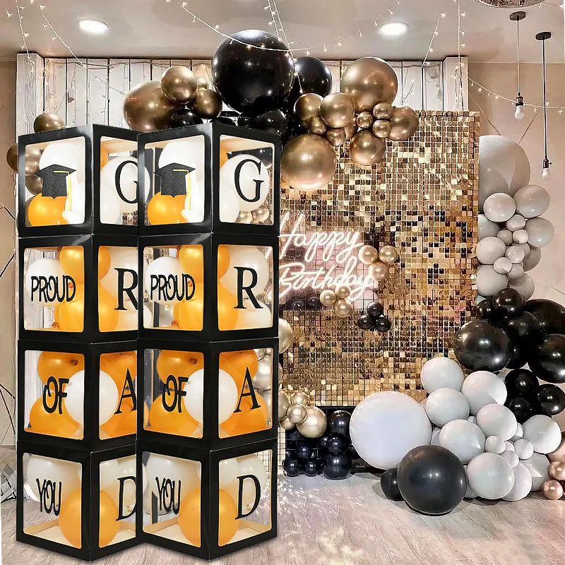 Graduation Season Decoration Black Transparent Balloons Box With Letters Congrats GRAD Class Of 2024 Graduation Ceremony Decor