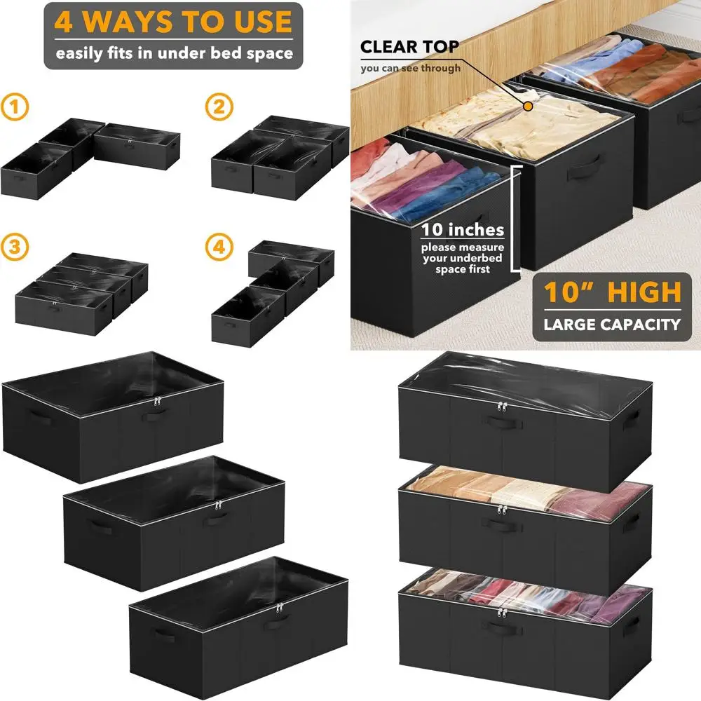 

10 High Under Bed Storage Containers with Lids - Large Organizer Bins for Bedroom, Dorm, Clothes, and Bedding Storage (Black)