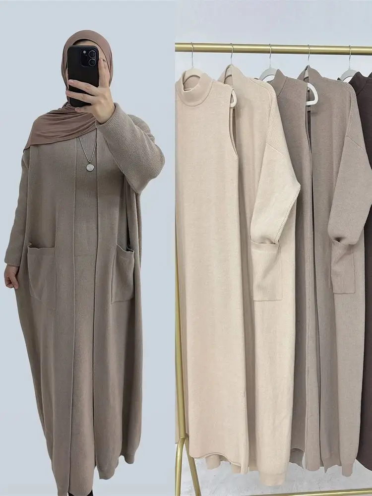 Ramadan Eid Mubarak Winter Sweater Prayer Islam Clothes For Women Robe Kimono Femme Musulmane Open Abaya Muslim Modest Dress Set