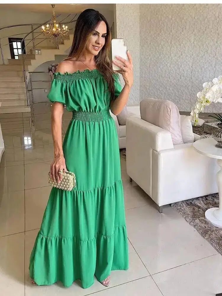 Letnia sukienka damska w stylu boho na lato 2026, elegancka sukienka plażowa na imprezę, codzienna sukienka maxi z dekoltem typu slash neck do biura, sukienka damska Robe Femme LD5A
