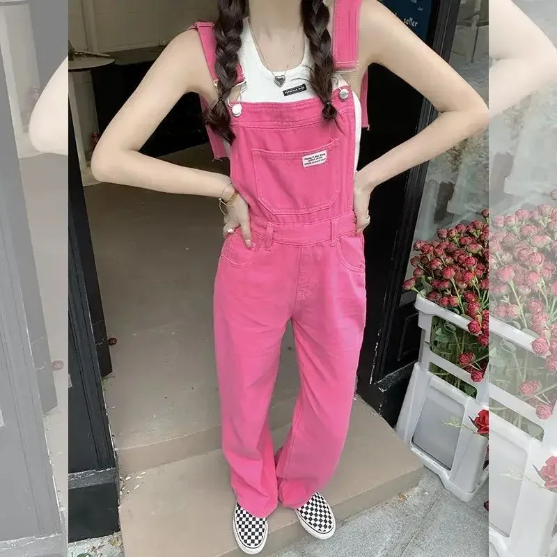 

Korean Fashion Women's Pink Denim Overalls Suspender Jumpsuit Trousers Spring Autumn Vacation Outfit Streetwear Clothes