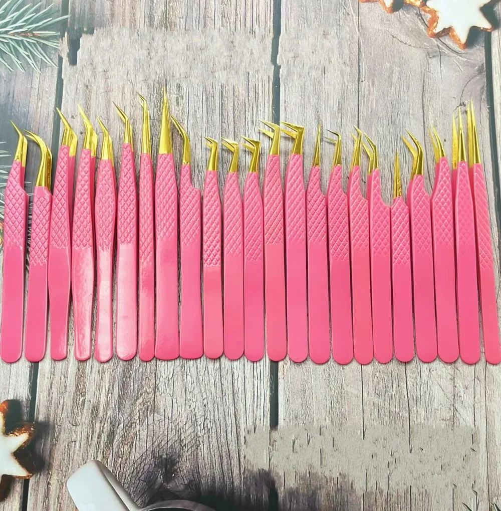สีชมพูและ Lash แหนบขนตาปลอมเครื่องมือแหนบขนตาสแตนเลส Eyelash EXTENSION Volume Lash แหนบ 20pcs