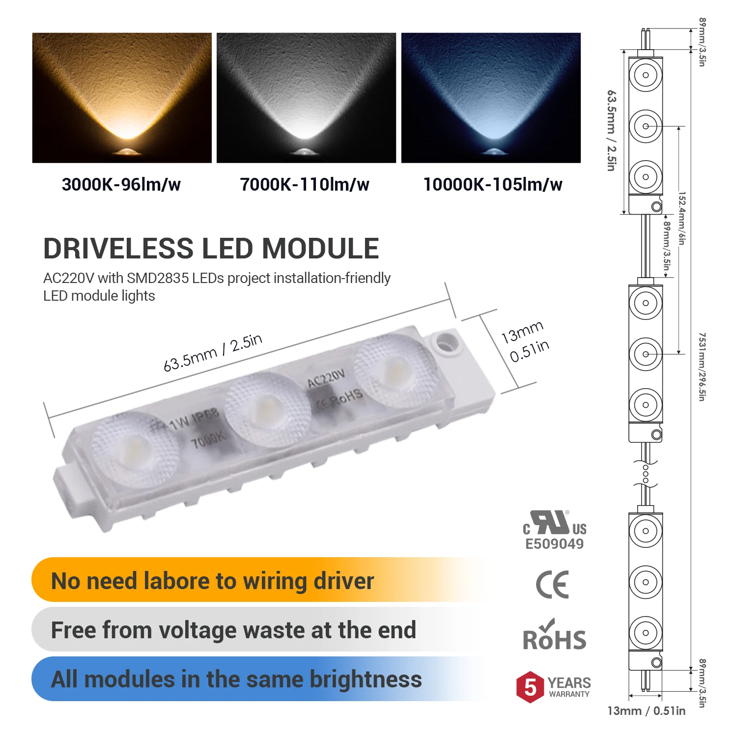 AC220V High Voltage LED Module 1W SMD2835 IP68 Waterproof CE RoHS LED Modules 50pcs for Channel Letters Storefront Signs