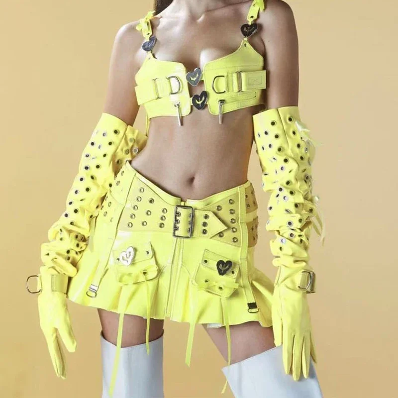 Costume di scena di moda Donne sexy Gruppo Jazz Street Dance Outfit Pelle gialla Pole Dance Abbigliamento Nightclub Bar Rave Clothes