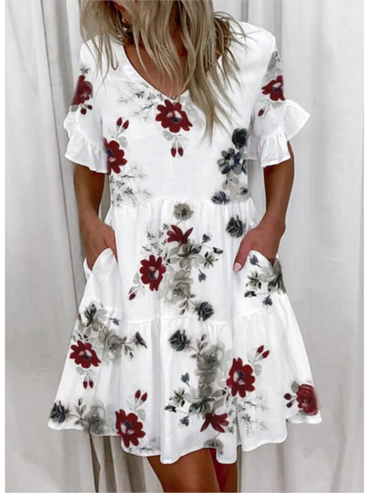 Fashion Ruffles V-Neck Loose Mini Dresses Women Summer Elegant Short Sleeve Pockets Floral Print Dress 2024 Casual Beach Dress