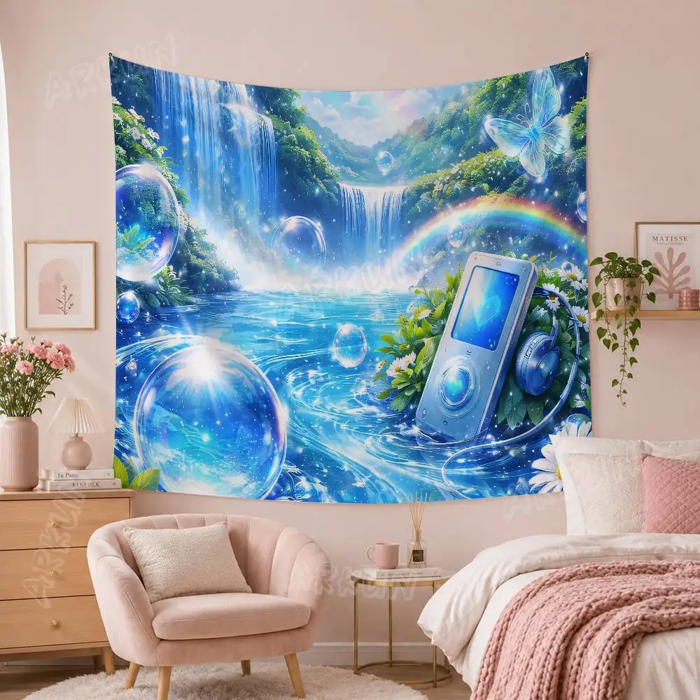 Cool Fashion Frutiger Aero Wall Tapestry Blue Sky Rainbow Palm Tree Pool Green Hill Scenery Fresh Nature Beach Backdrop Decor