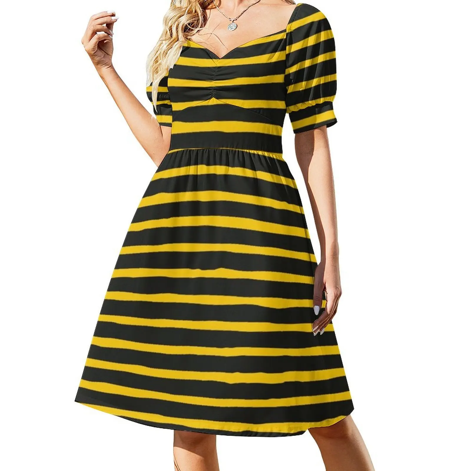 

Horizon Sketch Vintage Bohemian Dress Puff Sleeve Or Sleeveless Options For Women Dress Yellow Black Lines Stripes Horizon