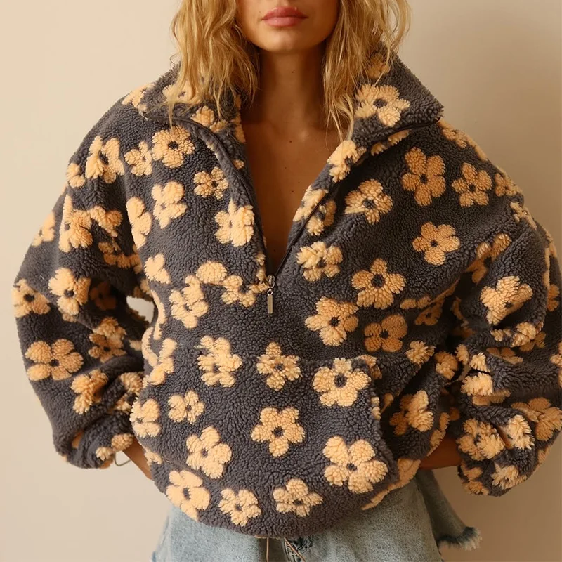 2025 Spring New Fashion Imitation Lamb Wool Print Loose Zipper Sweater Long Sleeve Top
