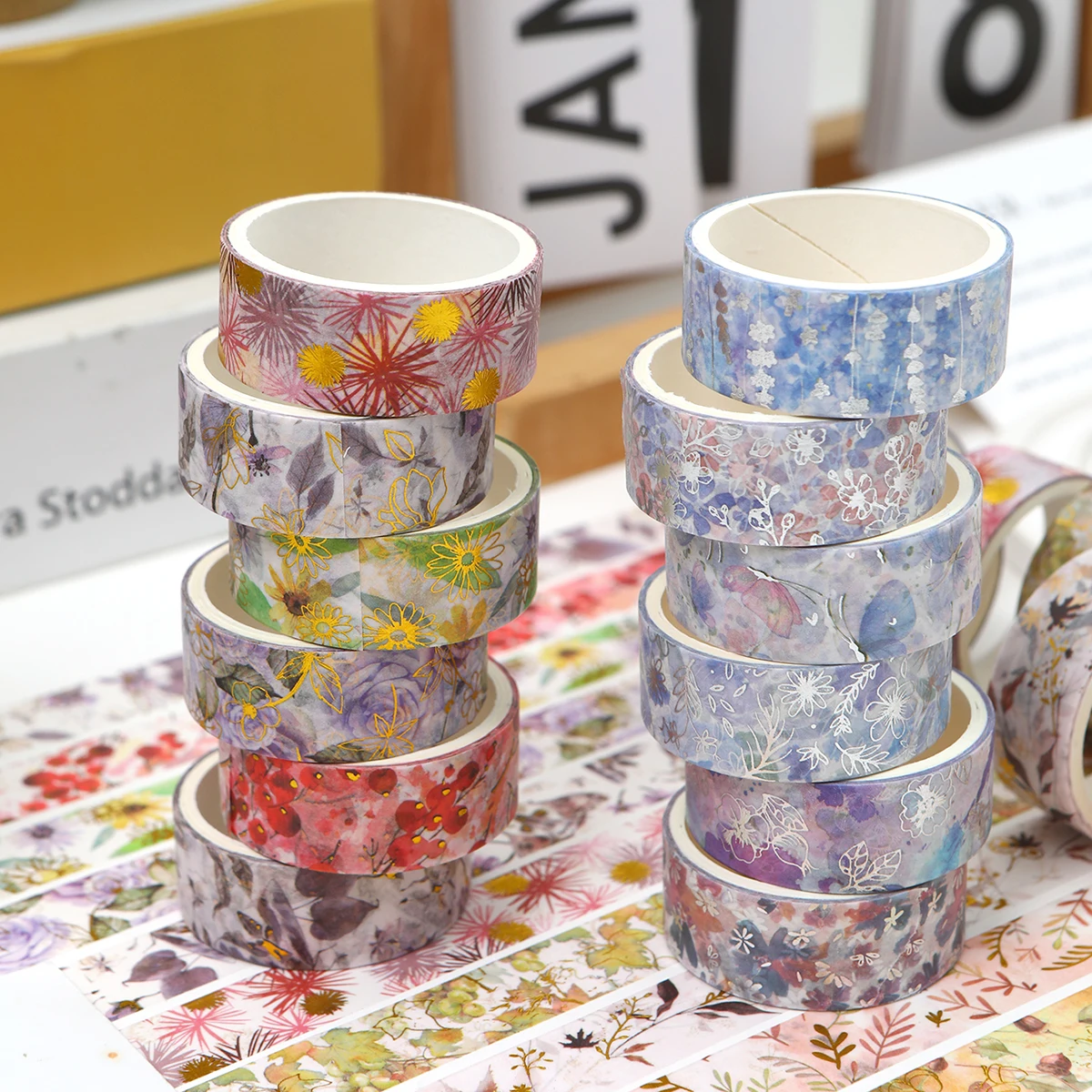 花柄の植物の和紙テープが6ロール/箱入りで、DIYノートのコラージュ装飾に適しており、友人へのギフトにもなります。