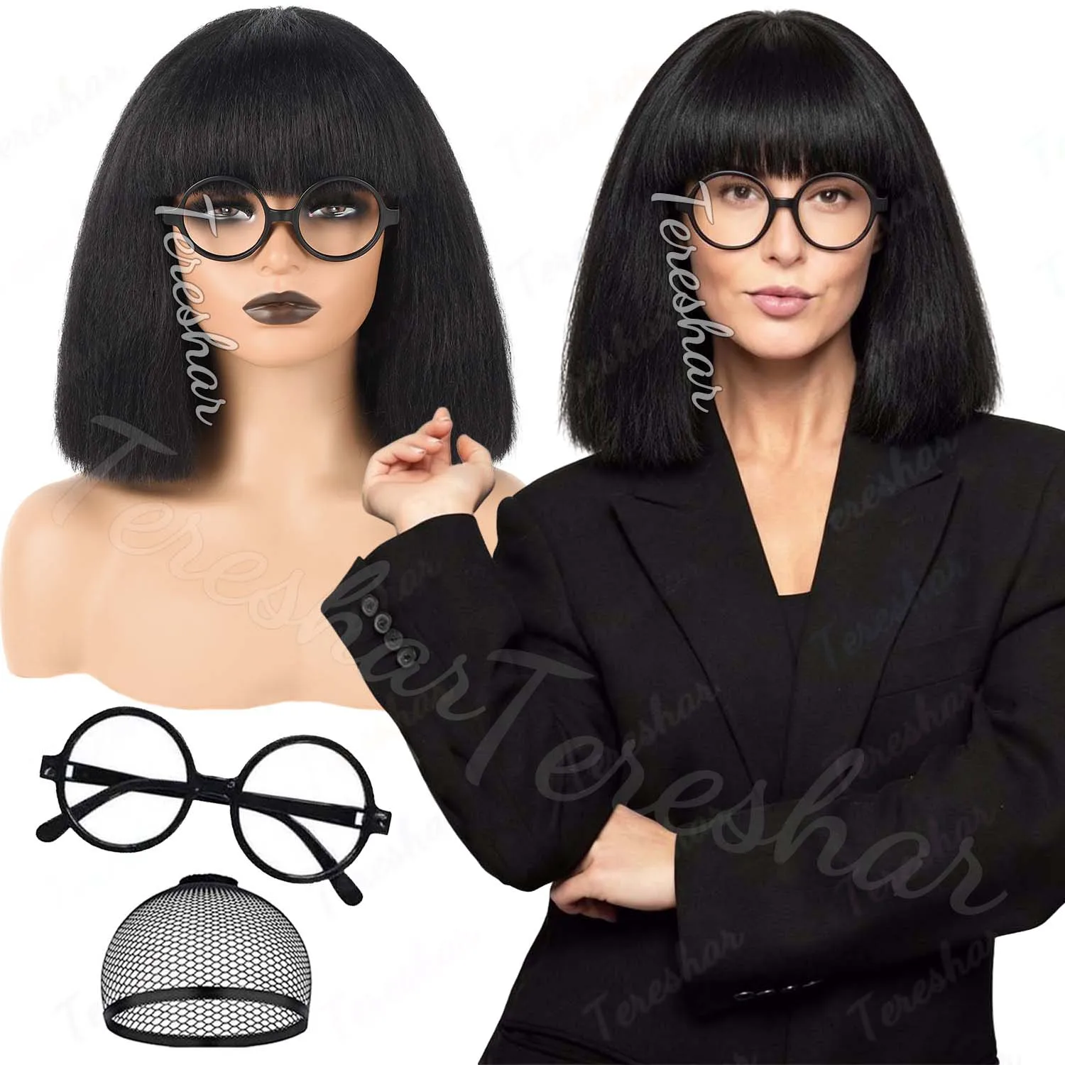 Synthetic Black Bob Wig with Bangs for Women Edna Mode Costume Fluffy Yaki Bob Wigs+Glasses Frame for Halloween Cosplay Party