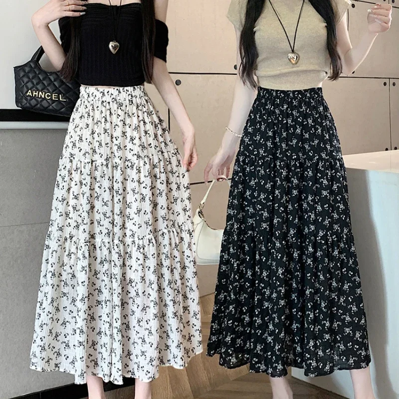 Korean Fashion Floral Print Skirt Women Summer New Elegant Black Long Skirt Female Retro A-line Drap Beach Holdiay Faldas Mujer