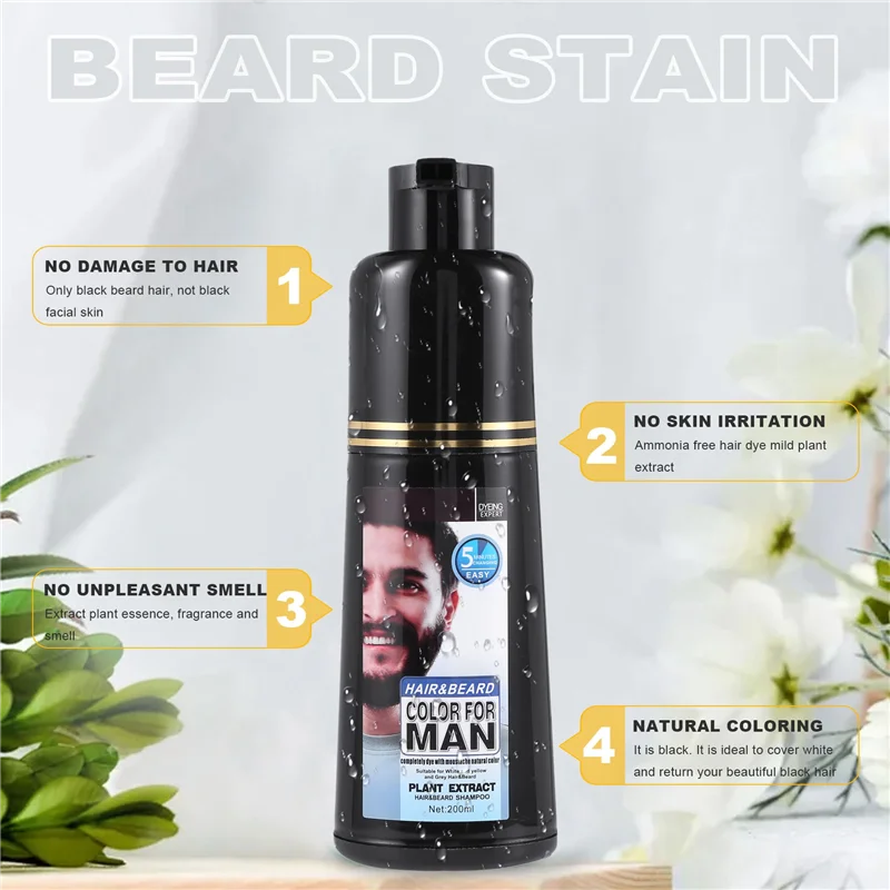 A48T Permanent Beard Dye Shampoo for Men Beard Dying Removal White Grey Beard Hair Men Beard Shampoo 200ML