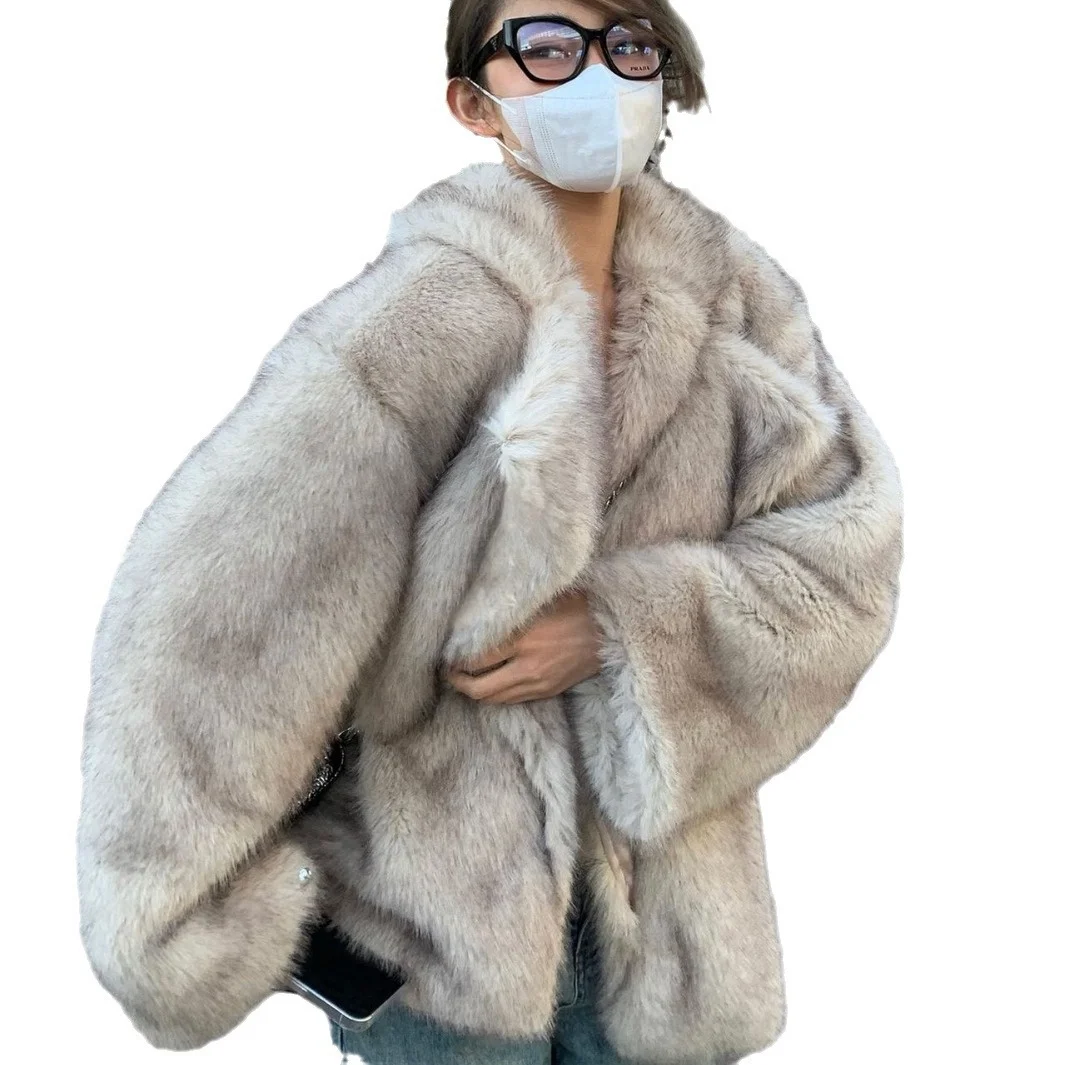   Abrigo de piel de longitud media, prendas de vestir exteriores esponjosas, abrigo de invierno Ele, corte holgado, calidez juvenil, Color puro garantizado