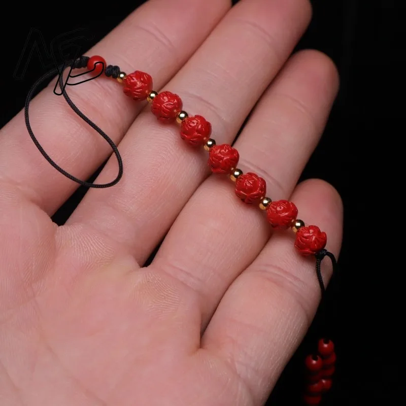 Customized Cinnabar Lotus Key Chain Organic Jewellery Carved Fashion Chinese 6MM Beads DIY Gifts Amulet Bag Buckle Pendant Red