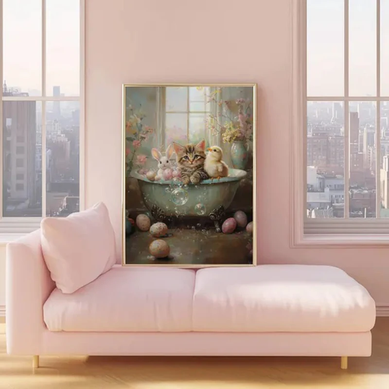 Tabby Kitten with Bunny and Baby Chick in Bubble Bath Easter Poster, Floral Cat and Easter Eggs Print, Cute Easter Decor
