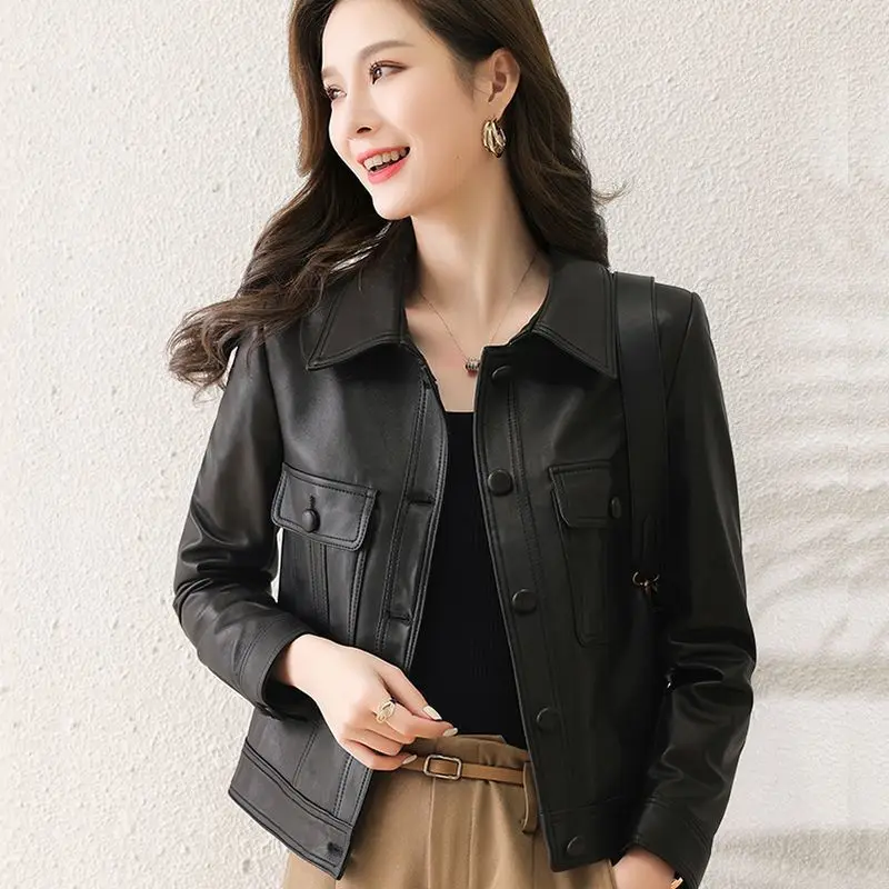 Leather Jacket Women\'s Clothing Autumn Spring 2023 PU New Coat Lapel Jacket Fashion Cardigan Outifits Long Sleeve Top Short Coat